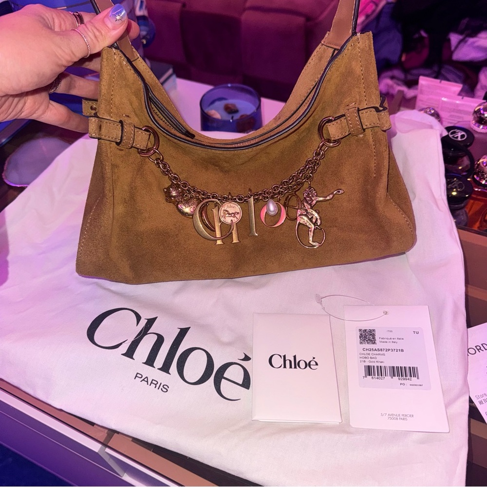 CHLOÉ Charms Camel Brown Suede Leather Gold Khaki Hobo Shoulder Bag Handbag - Picture 4 of 13